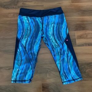 Pink Lotus Blue Green Print Active Leggings Crop Workout Pants L Large